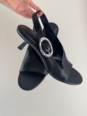Massimo Dutti Black Leather Slingback Heels with Silver Oval Buckle